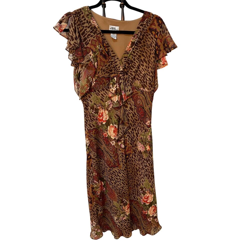 J.B.S. Ltd Animal Print Dress Women Size 12 Fairycore Boho Chiffon Animal Print
